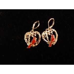 Pair of Fashionable Red Bird & Tree of Life Pattern Heart Shape Earrings.
